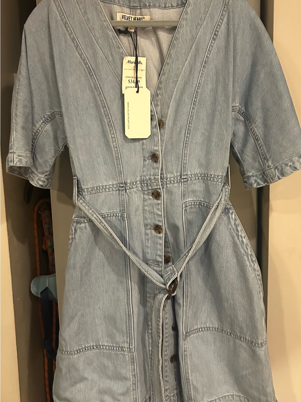Velvet Heart Light Blue Denim Button-Front Midi Dress with Tie Belt
